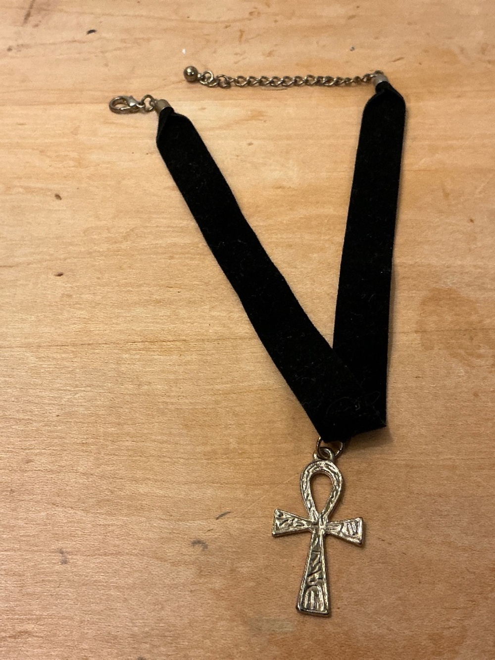 Silver tone cross pendant Choker on velvet adjustable